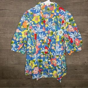 Jade Blue Floral Peplum Button Front Top Size Medium